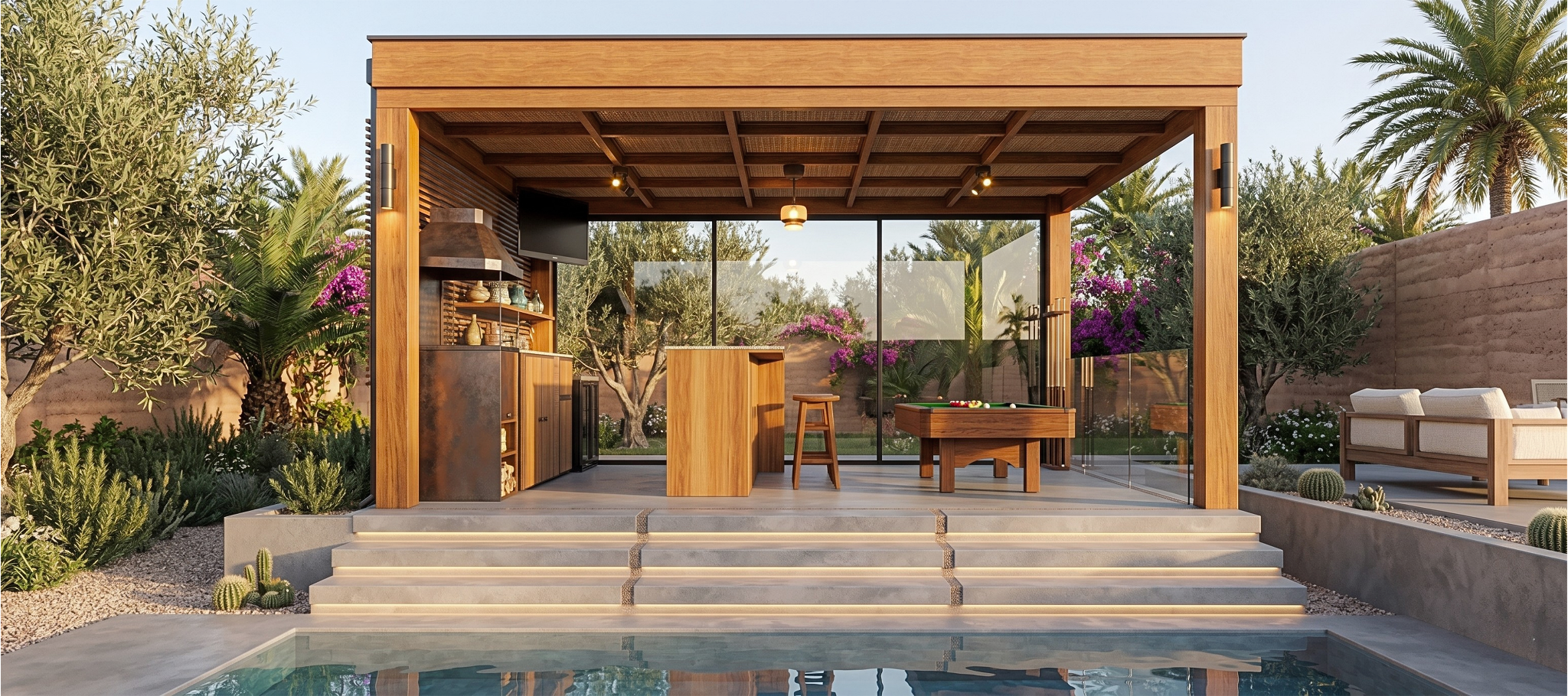 Terrasse aménagée par Isary Ombra — mobilier d'exception et pergola Iroko à Marrakech